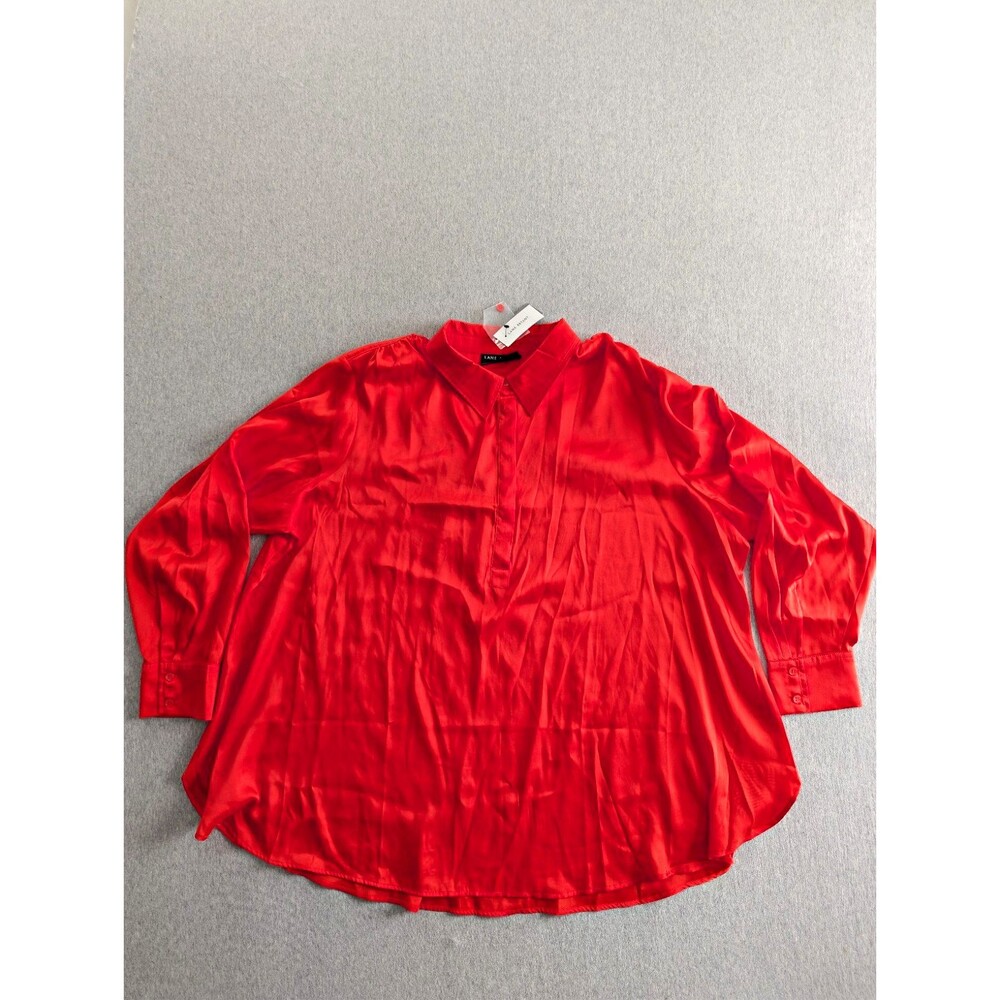 Lane Bryant Red Satin Tunic Blouse Size 24 Plus Collared Long Sleeve Buttons